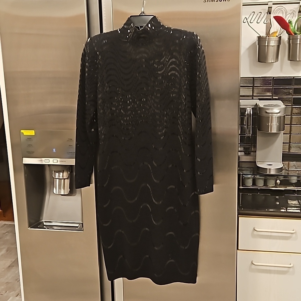 💕ST JOHN💕Vintage Metallic Waves Knit Evening Dress ~ Black Size 2